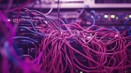 Aufkleber - Close-up view highlights the intricate arrangement of vibrant cables and connectors within a server rack, reflecting advanced technology and organization