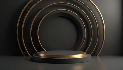 Aufkleber - 3D abstract studio room. Black geometric platform with black golden layered circles. Luxury scene for product demonstration. Empty space for presentation. Modern elegant design.