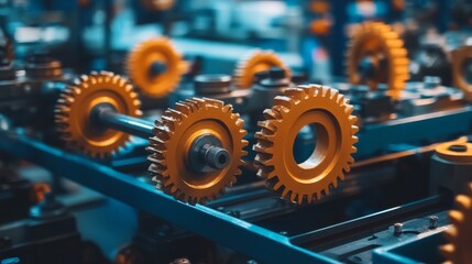 Poster - Golden metallic gears interlock on a dark industrial backdrop, highlighting detailed textures and showcasing the complexity of mechanical design in a factory