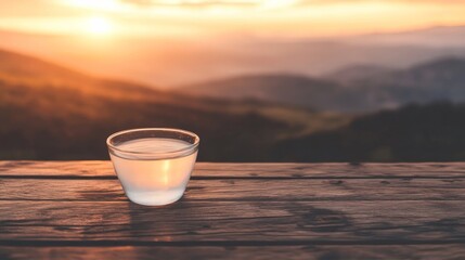 Poster - Bowl of clear water rests on a rustic wooden table, capturing the vibrant orange and pink hues of the sunset amid a serene twilight atmosphere
