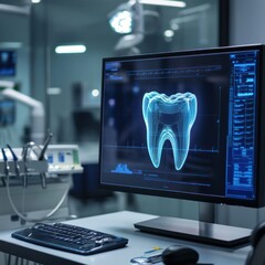 3D hologram projection of tooth on computer screen in dental office