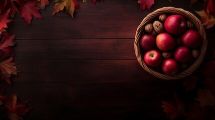 Poster - A woven basket holds ripe apples and walnuts placed on a rustic wooden table, complemented by scattered autumn leaves for an inviting seasonal display