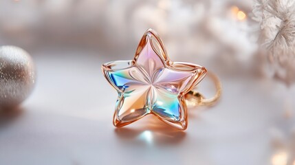 Fototapete - This close-up features a 3D glass ornament shaped like a star, showcasing beautiful pastel pink and blue reflections, perfect for festive home decoration