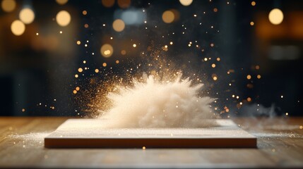 Fototapete - Gold particles shimmer and burst against a dark backdrop, creating a festive explosion of light with delicate bokeh effects that evoke a sense of luxury