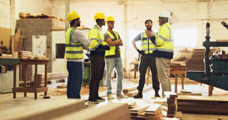 Poster - Discussion, foreman and construction team on site for planning with building, maintenance or repair. Meeting, engineering and industry workers with contractor for property development with renovation