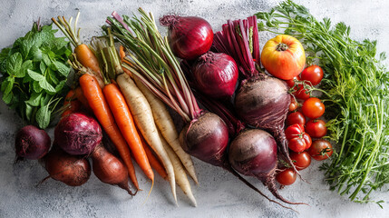 Fototapete - Assortment of fresh vegetables: carrots, beets, onions, tomatoes, and mint.  Represents healthy eating, farm-fresh produce, and vibrant colors.  Suitable for culinary or wellness themes.