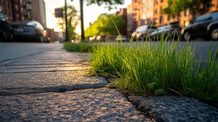 Aufkleber - Lush green grass thrives in the morning light beside a rough stone curb, casting soft shadows and highlighting the contrast with an urban environment