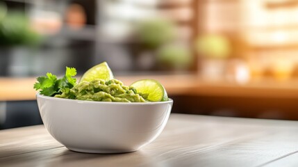 Aufkleber - Close-up of vibrant guacamole in a bowl garnished with fresh cilantro and lime wedges, highlighted by soft natural light in a blurred kitchen setting