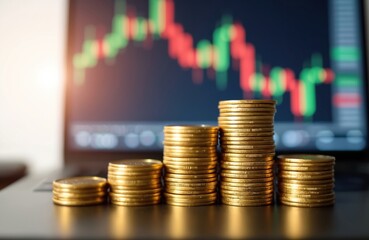 Leinwandbilder - Stacks of gold coins against the backdrop of a stock market graph on a laptop screen. Financial growth, investment, wealth, business, savings, banking, currency concepts are in focus.