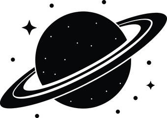 Elegant black and white vector illustration of a ringed planet in space
