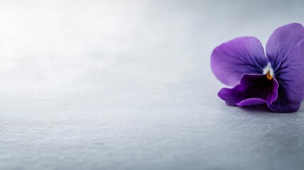 Poster - A delicate violet flower rests on a smooth white surface, softly illuminated from the side, showcasing its intricate details in a tranquil, minimalist setting