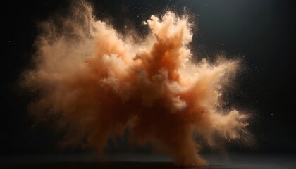 Aufkleber - Abstract cloud brown powder explosion against black background. Burst particles create dramatic effect. Dust cloud, chaotic motion, spray, energy, impact.