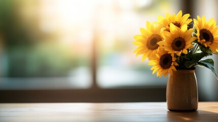 Poster - Sunflowers arranged in a rustic vase shine with vibrant yellow hues, illuminated by natural light amidst a blurred countryside background, creating a cheerful ambiance
