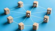 © LavaPixel - Modern Conceptual Still-Life of Interconnected Wooden Cube Blocks on Blue Background with Network-Like White Lines Highlighting Minimalist Aesthetic and Collaboration Theme