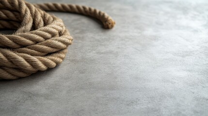 Aufkleber - Thick rope coils on a light gray surface, illuminated by soft natural light that emphasizes its texture, conveying a sense of simplicity and strength