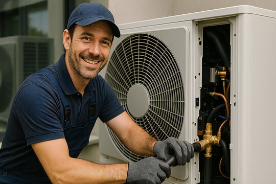Technician installing a heat pump in a residential area for efficient temperature control and energy savings