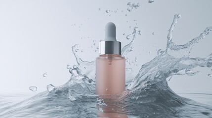 Poster - A blush-colored matte glass dropper bottle mid-splash, surrounded by clear water droplets, highlights ideal visuals for skincare branding in soft natural light