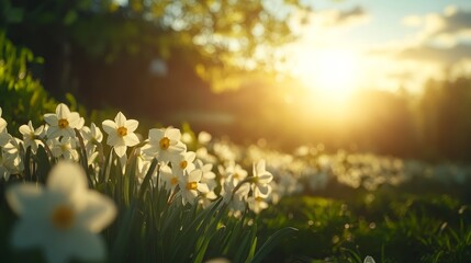 Aufkleber - Under soft morning light, white daffodils bloom gently, their petals illuminated as they symbolize renewal and fragility amidst lush greenery and dreamy bokeh