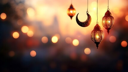 Aufkleber - A collection of intricate gold crescent moons and lanterns dangle gracefully in midair, illuminated by soft bokeh lights, symbolizing spiritual joy during celebrations
