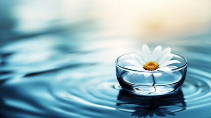 Aufkleber - A clear glass sphere holds a white daisy while floating on still water, catching gentle sunlight that enhances the floral beauty and surreal ambiance