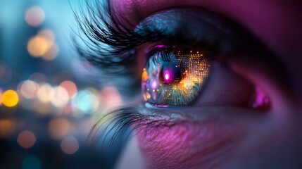 Poster - A detailed close-up of an eye reveals a glowing, circuit-filled iris with a high-tech overlay, merging organic and digital elements for a cybernetic look