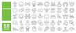 © M Design - Set of 50 line icons related to happiness, laugh, joy, happy, satisfaction, cheer, optimism, fun, celebration, enjoy, smile, Editable stroke. Vector illustration