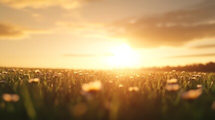 Aufkleber - A sprawling daisy field glows under the warm light of a low-hanging sun, with sharp foreground details fading into a soft, golden horizon