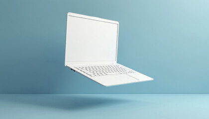 Poster - White laptop computer on blue background. Modern tech for work, study, online, communication. Minimalist design, clean concept. Business, education, web tech, digital world, workspace, copy space for