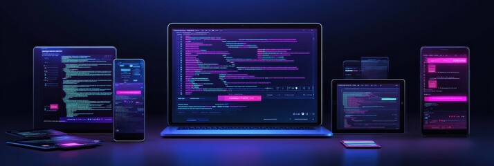 Graphic layouts showcasing software development tools and programming interfaces in vibrant display