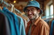 © miss irine - Young man wears glasses hat browsing clothes in thrift store. He smiles while shopping for apparel. Guy looking for unique wear, embraces joy of finding vintage fashion, outfit.