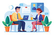 © Mr - office setting, two people in business attire, interview scenario, laptop on desk, potted plants, infographic background, digital profile display, bright colors, flat illustration style, professional