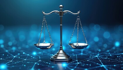 Leinwandbilder - Scales of justice illustration on futuristic blue data network background. Digital concept reflects law, judicial system, tech, high technology. Symbol of law, crime, judgment, protection, equality,