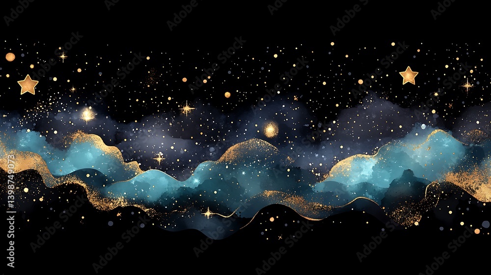 Watercolor painting depicts a starry sky with celestial golden clouds ...