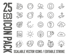 a clean and modern set of 25 eco-themed vector icons featuring sustainability, climate change, renew