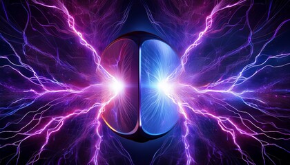 electrical discharge between two disks in dark room energy and power purple lightning bolt glowing l