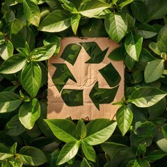 Wall Mural - Recycling Symbol on Cardboard Amidst Green Foliage of excellence in splendor beyond compare