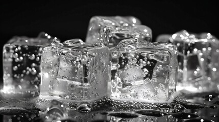 Wall Mural - Sparkling Ice Cubes Melt on Black Background of excellence in splendor beyond compare with grace