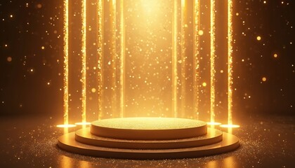 Aufkleber - Gold glitter stage podium with spotlights. Luxury award show product display backdrop. Sparkling bokeh lights, golden particles for presentation. Festive celebration background.