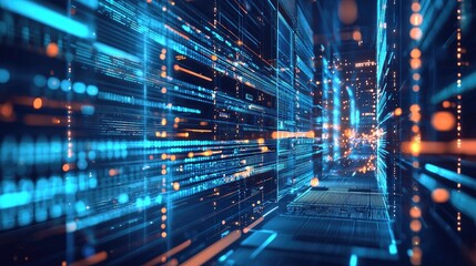 Abstract futuristic data streams flow between digital servers in a glowing blue hallway, ideal for concepts like big data, cyber networks, or advanced information systems