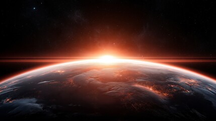 Wall Mural - Glistening sunrise over the Earth, casting a warm glow through the vastness of space at dawn's first light Generative AI