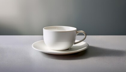 Poster - Simple Elegance of a White Coffee Cup Set on a Minimalist Table in Soft Morning Light