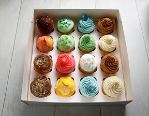 assorted colorful cupcakes in box displayed on wooden surface