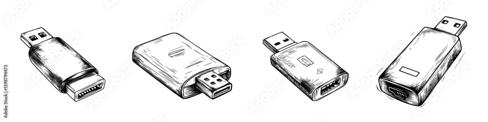 Different types of USB flash drives and adapters displayed on a flat ...