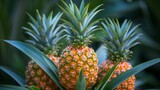 Three ananas growing on a pineapple plant, a terrestrial flowering produce