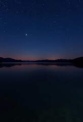 Wall Mural - Serene night lake, stars reflected in calm water, soft glow, dark water, peaceful