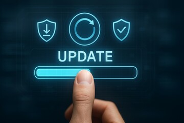 Finger pressing digital update button with progress bar and security icons