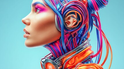 Wall Mural - a woman with vibrant cybernetic enhancements, artistic makeup, and a futuristic aesthetic.