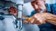 © NovaVision - A skilled plumber uses a wrench to tighten a pipe under a bathroom sink with precision.