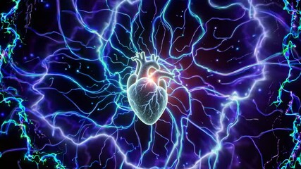 Wall Mural - a glowing heart with electric veins radiates energy in a digital art style. top-down angle captures 