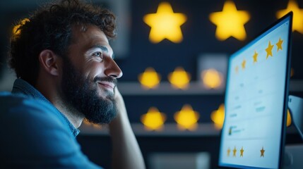 A smiling man looks at a computer screen, perhaps reviewing a service or product online at night.